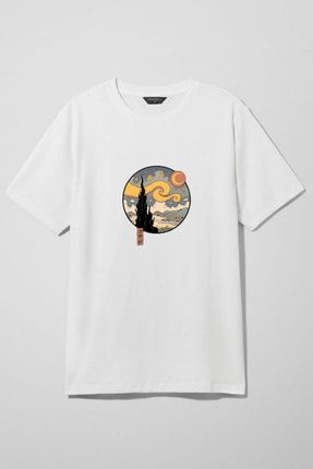 Starry Night Baskılı Unisex Beyaz - Siyah Oversize T-shirt VHNVG12