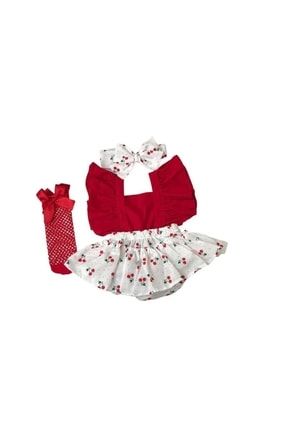 Kiraz Desenli Kırmızı Bebek Elbise Kombini TTT-6002
