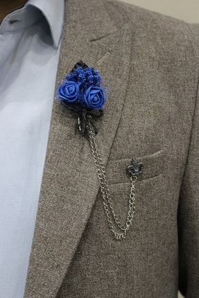 Mavi Renkli Damat Yaka Çiçeği Ve Zambak Taşlı Ceket Zinciri BW5917