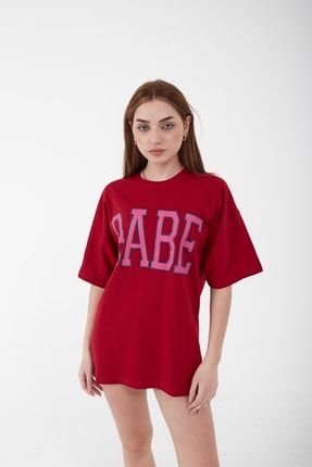 Unisex Oversize Babe Baskılı Kırmızı T-shirt 01BABE