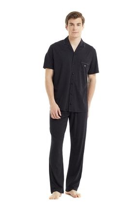 30813 Erkek Kısa Kol Gömlek Yaka Siyah Pijama Takımı 307370