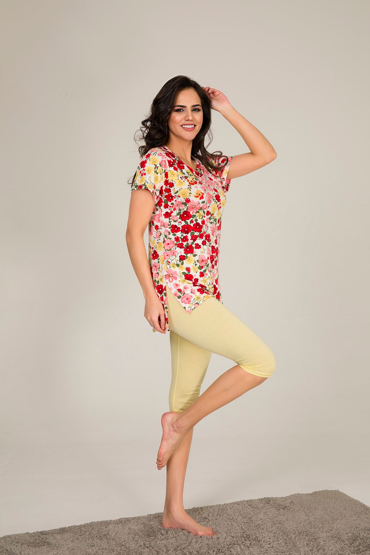MyBen-Tunica și jambiere de damă de culoare galbenă cu modele florale Slmky04 2