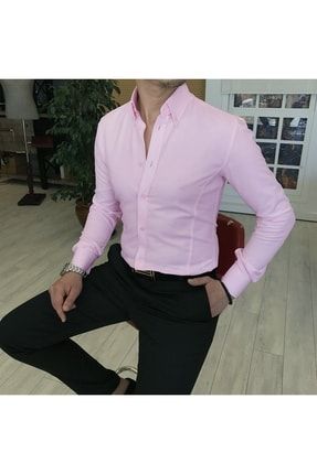 Italyan Stil Slim Fit Dik Yaka Saten Erkek Gömlek Açık Pembe T4748