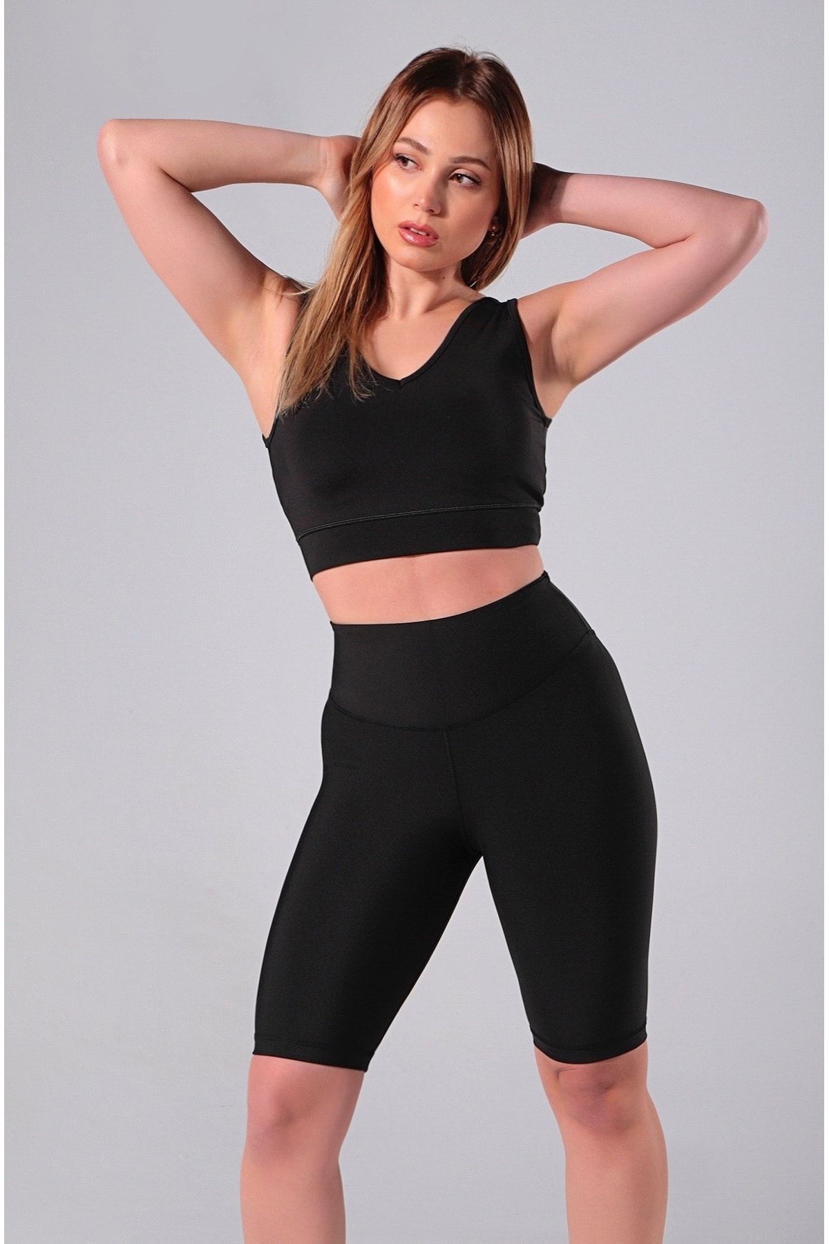 Siyah Yüksek Bel Spor Biker Şort