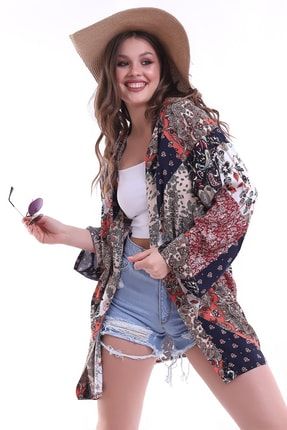 Lacivert-bordo Kadın Desenli Geniş Kol Viskon Kimono Zyn-58043 ZYN-58043