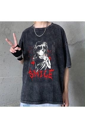 Yıkamalı Kumaş Gothic Punk Smile Siyah Oversize T-shirt mnvjkvxd