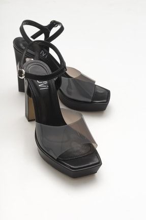 Wıne Siyah Cilt Şeffaf Kadın Topuklu Ayakkabı 124-3931