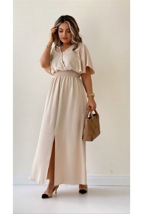 Yarasa Gipeli Yırtmaçlı Elbise Taş STK2018
