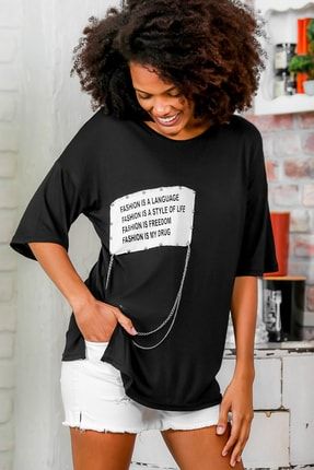 Kadın Siyah Bisiklet Yaka Baskılı Aplikeli Zımbalı Zincirli Oversize T-Shirt M10010300TS98111