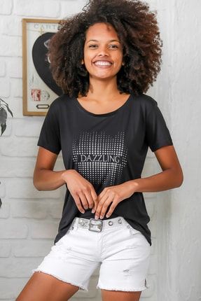 Kadın Siyah Yuvarlak Yaka Sim Baskılı Sırtı File Detaylı Salaş T-Shirt M10010300TS98089
