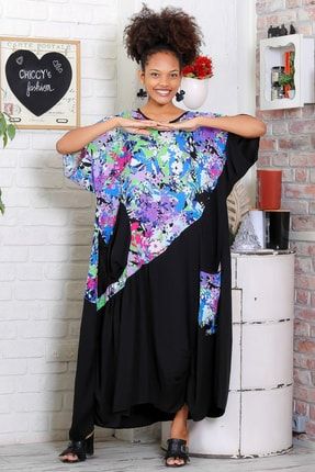 Kadın Siyah Yuvarlak Yaka Desen Bloklu Yarasa Kol Dev Cepli Oversize Viskon Elbise M10160000EL93399