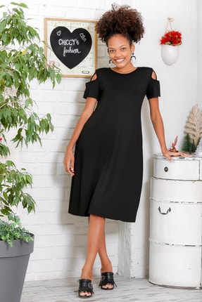 Kadın Siyah Yuvarlak Yaka Kolu Biyeli Uzun Elbise M10160000EL93423