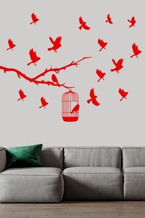 Kafesten Kaçan Kuşlar Dekoretif Duvar Sticker Kırmızı (13 Figür) THS-41-01-00