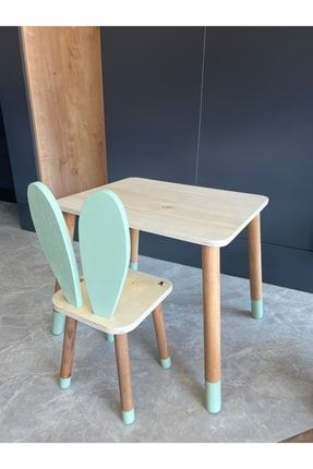 Montessori Ahşap El Boyaması Tavşan Kulak Sandalye Ve Masa (mint Yeşili) POKOBOXSAMA01