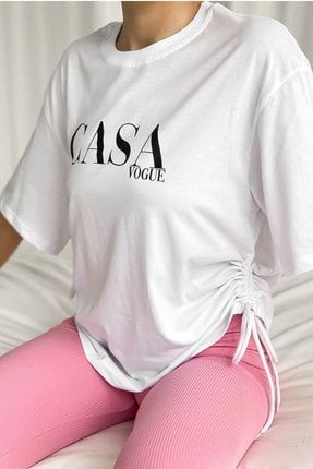 Kadın Beyaz Yan Büzgülü Baskılı T-shirt CASA007