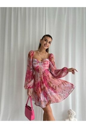 Sırt Dekolteli Şifon Fleur Elbise - Pembe T3411