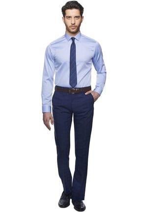Erkek Mavi Tailored Slim Fit Non-ıron Desenli Gömlek 4R2018100110