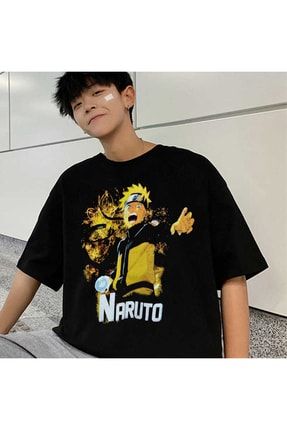 Siyah Renk Naruto Renkli Ön Baskılı Geniş Kesim Unisex Anime Kısa Kollu T-shirt BSM02NRTRFRKTS