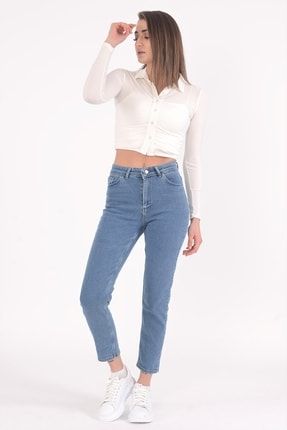 Lila Kadın Buz Mavi Süper Yüksek Bel Likralı Mom Kot Pantolon Jeans SPT387