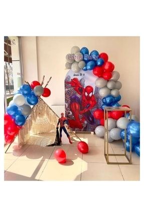 50 Adet Örümcek Adam Konsepti - ( Spiderman ) Pastel Gri - Kırmızı - Metalik Lacivert Balon Zinciri LTS-BLN0277
