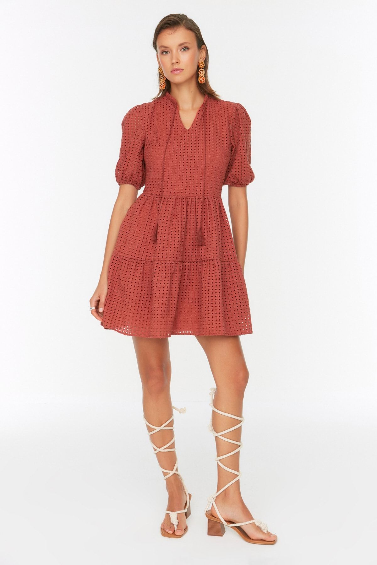 Trendyol Collection Brown Mini Woven Collar Detailed Embroidery