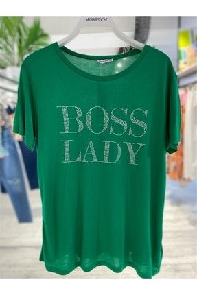 Boss Lady Taş Baskılı Bisiklet Yaka Kadın T-shirt Yeşil - 15143 22Y0115143