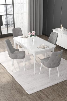 Opa Serisi 70x114cm Açılabilir Mdf Masa Beyaz Mutfak Masa Takımı 4 Gri Sandalye OPA01BYZ04