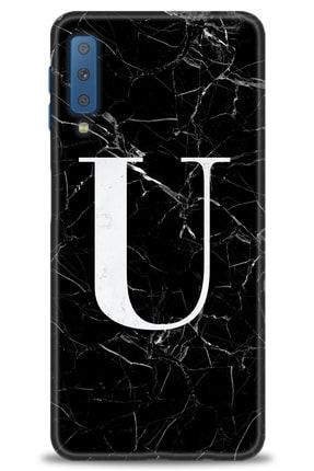 Samsung Galaxy A7 2018 Kılıf Hd Baskılı Kılıf - Siyah Mermer Desenli U Harfi + Temperli Cam nmsm-a7-2018-v-26-cm