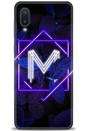 Samsung Galaxy A02 Kılıf Hd Baskılı Kılıf - Dark Neon Yaprak M Harfi + Temperli Cam amsm-a02-v-9-cm