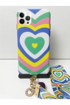 Iphone 11 Pro Uyumlu Kılıf Kalpli Lila Rainbow Desenli Boyun Askılı Silikon Kapak Kılıf Askılı-Desen-11pro