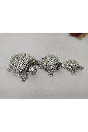 3 Lü Dekoratif Kristal Taşlı Polyester Gümüş Kaplumbağa 6415