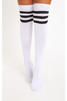 Kadın Beyaz Renkli Siyah Çizgili Diz Üstü Pamuklu Çorap TYC00417170470