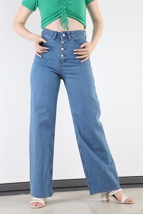 Kadın Mavi Yüksek Bel Düğmeli Salaş Pantolon Z-000006814