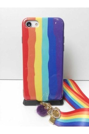 Iphone 7 8 Se 2020 Uyumlu Kılıf Kırmızı Rainbow Desenli Boyun Askılı Silikon Kapak Kılıf bilişimaskılı7
