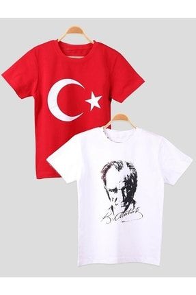 2 Adet Birlikte Atatürk Ve Türk Bayraklı Çocuk Tişört Seti CTT00396