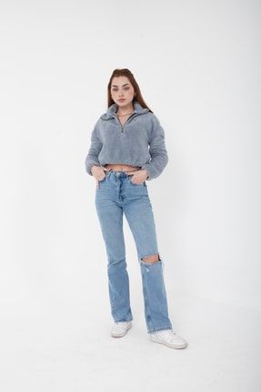 Kadın Yarım Fermuar Boyalı Gri Balıkçı Peluş Düşük Omuz Kısa Oversize Crop Sweatshirt TYC00412101965