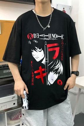 Siyah Renk Death Note Ön Baskılı Geniş Kesim Unisex Anime Kısa Kollu T-shirt BSM02DTHSFRKTS