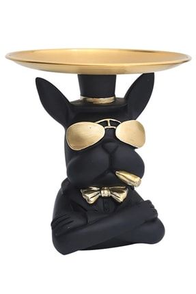 Siyah Bulldog Köpek Figürlü Anahtarlık Takı Tepsisi Dekoratif Biblo Ev Ofis Dekorasyon HB0011