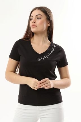 Kadın V Yaka Yazı Detaylı Siyah Pamuklu T-shirt 3502