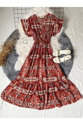 Royal Desenli Kramit Yeni Sezon Kuruvaze Yaka Midi Boy Kemersiz Kadın Elbise 101 1234