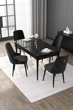 Opa Serisi, 70x114 Açılabilir Mdf Siyah Mermer Desen Mutfak Masası Takımı, 4 Siyah Sandalye OPA01SYHMR04