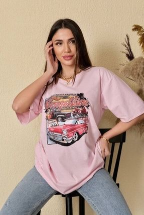 Kadın Pembe Compeltition Baskılı Oversize T-shirt TS-COMPELTİON-2