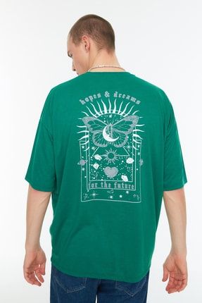 Yeşil Erkek Oversize Fit Bisiklet Yaka Kısa Kollu Baskılı T-Shirt TMNSS22TS0474
