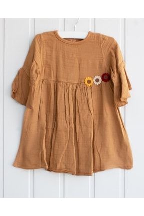 Kız Bebek Çiçek Figürlü Müslin Fırfırlı Elbise - Kahverengi 5891