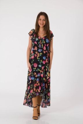 Kadın Önü Fırfırlı Çiçek Desenli Siyah Elbise 2090-STP
