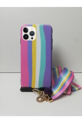 Iphone 11 Pro Uyumlu Kılıf Lila Rainbow Desenli Boyun Askılı Silikon Kapak Kılıf Askılı-Desen-11pro