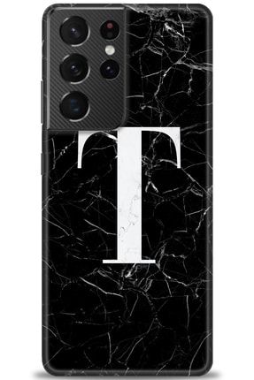 Samsung Galaxy S21 Ultra Kılıf Hd Baskılı Kılıf - Siyah Mermer Desenli T Harfi + Temperli Cam tmsm-s21-ultra-v-26-cm