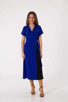 Kadın Bayan Kruvaze Iki Renk Geçişli Kumaş Elbise 4005-RMTC