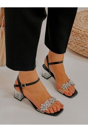 Siyah Deri (chris) Taş Detay Kadın Topuklu Sandalet ERV2204