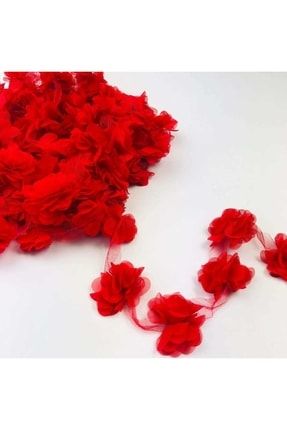 Kırmızı Gül Lazer Kesim 1 Metre 12 Adet Çiçek Organze Tül Kenar Süsü Tasarım Kumaşı Yapay Süs NSM-LZR001M
